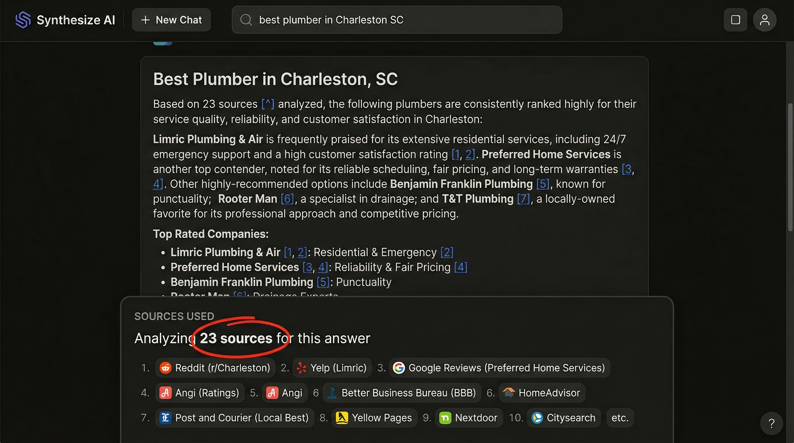 AI search analyzing 23 sources to answer a query